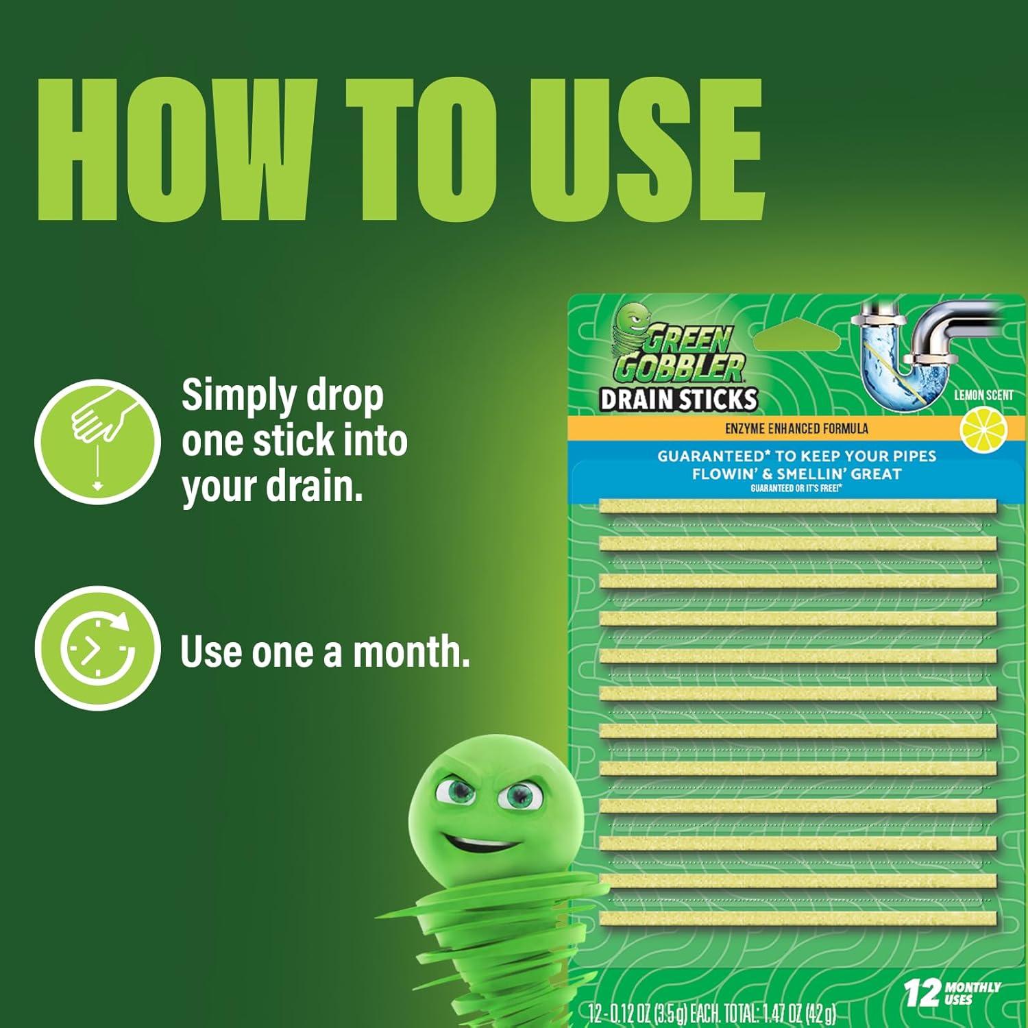 imageGreen Gobbler Drain Cleaner ampamp Deodorizer FRESH SCENT Sticks for Toilet Tanks Sinks Bathtub Drains Washing Machine Drains and Garbage Disposals  24 Pieces12 count Pack of 2