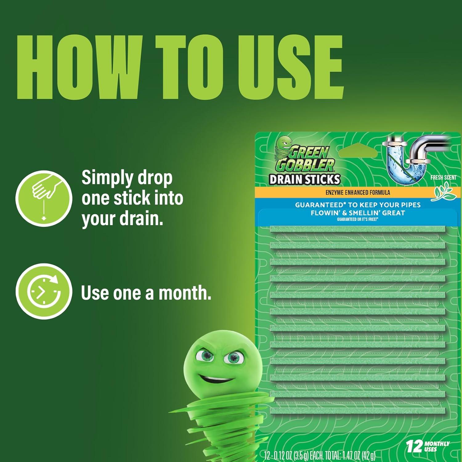 imageGreen Gobbler Drain Cleaner ampamp Deodorizer FRESH SCENT Sticks for Toilet Tanks Sinks Bathtub Drains Washing Machine Drains and Garbage Disposals  24 Pieces12 Pac