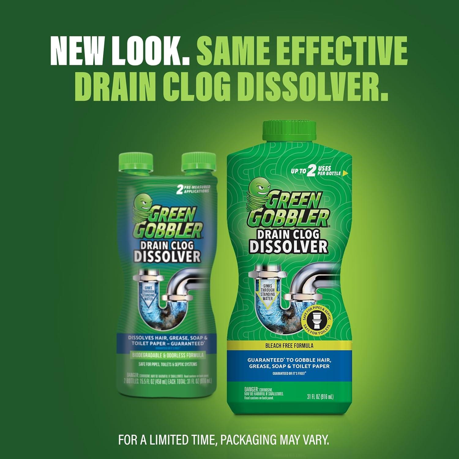 imageGreen Gobbler Drain Clog Remover  Toilet Clog Remover  Dissolve Hair ampamp Organic Materials from Clogged Toilets Sinks and Drains  Drain Cleaner and Opener 128 oz155 Fl Oz Pack of 2