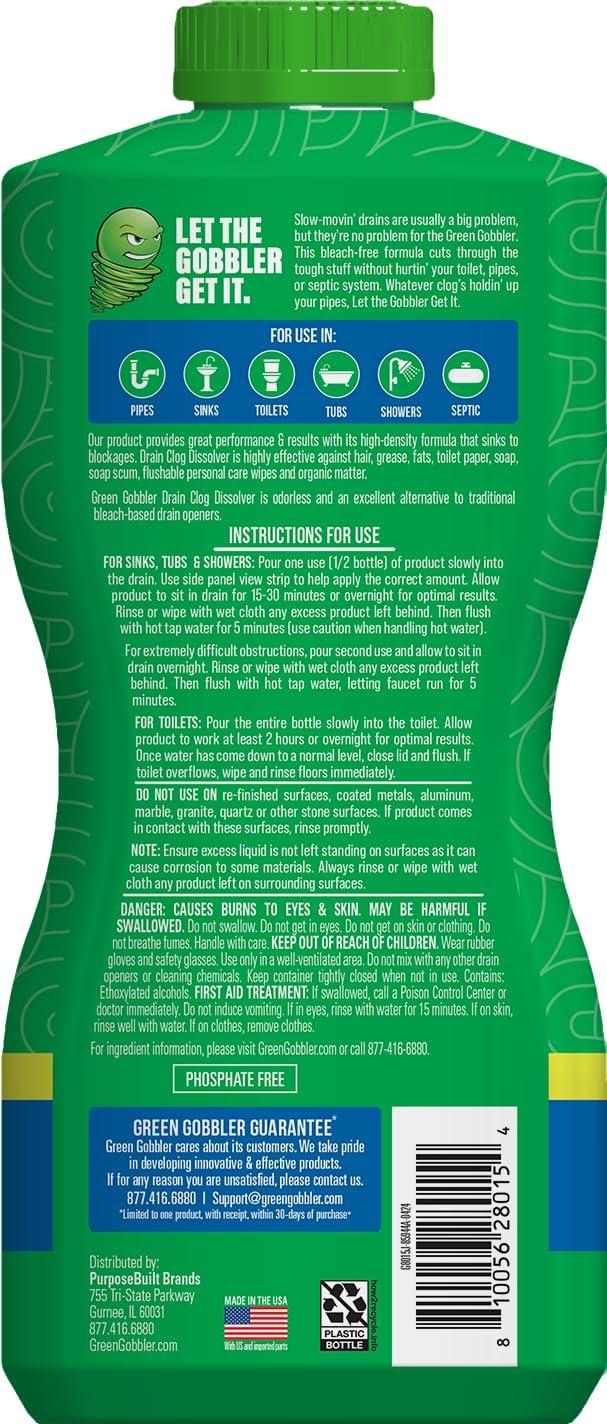 imageGreen Gobbler Drain Clog Remover  Toilet Clog Remover  Dissolve Hair ampamp Organic Materials from Clogged Toilets Sinks and Drains  Drain Cleaner and Opener 128 oz155 Fl Oz Pack of 2