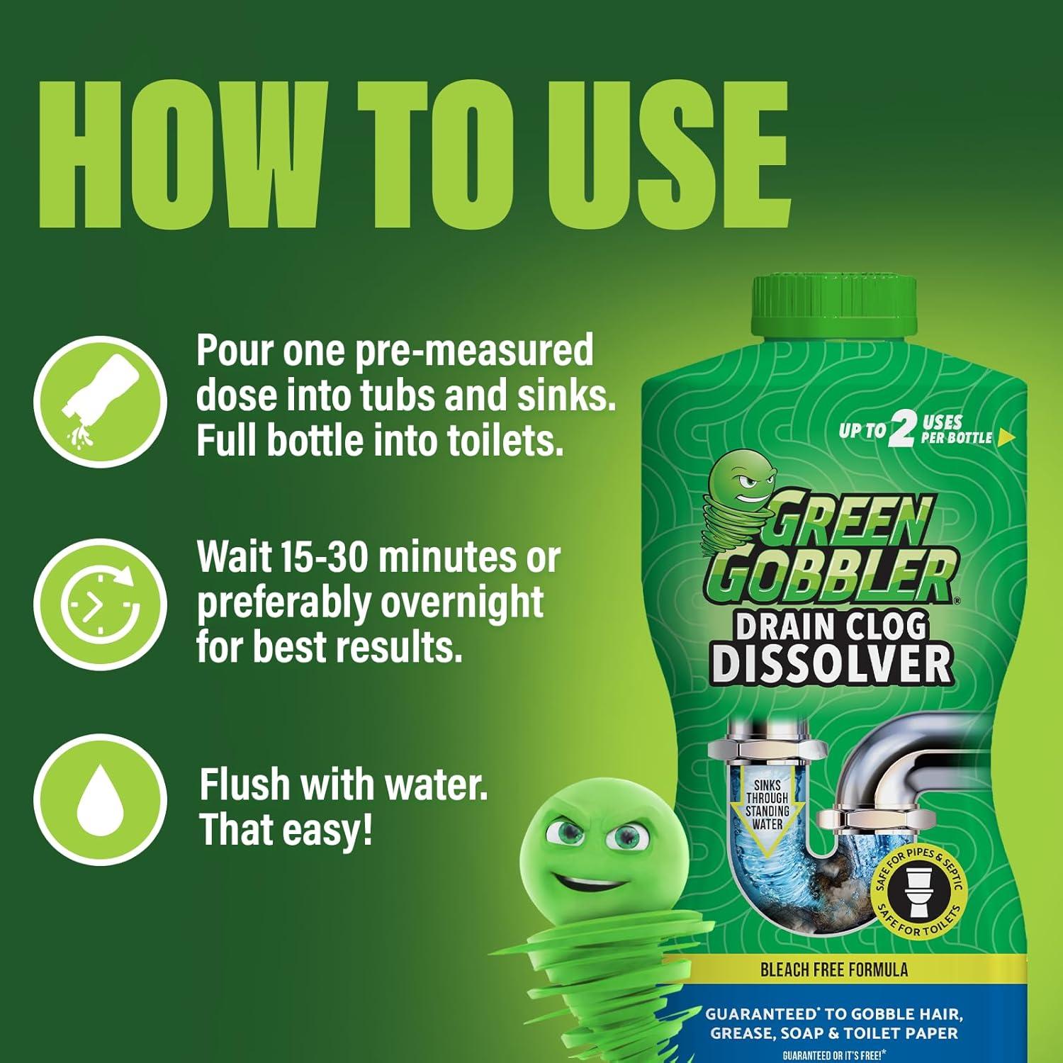 imageGreen Gobbler Drain Clog Remover  Toilet Clog Remover  Dissolve Hair ampamp Organic Materials from Clogged Toilets Sinks and Drains  Drain Cleaner and Opener 128 oz155 Fl Oz Pack of 2