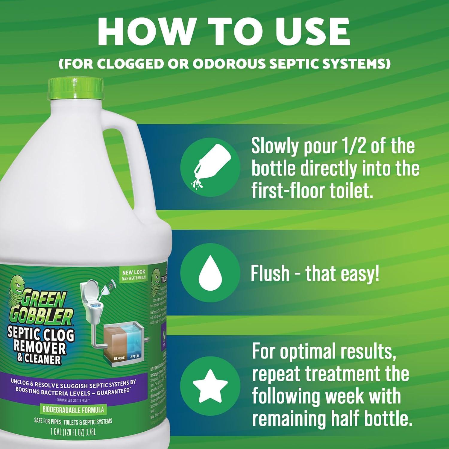 imageGreen Gobbler EMERGENCY Septic Sludge Remover  Septic Tank Clog Remover Treatment for Clogs BackUps ampamp Foul Odors and Overflow Prevention  1 Gallon1 Gallon