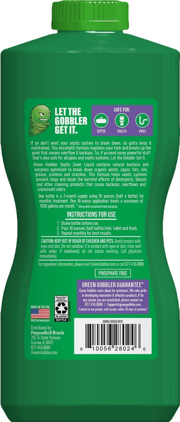imageGreen Gobbler Septic Tank Treatment Liquid  Natural Enzymatic ampamp Biodegradable Formula  Safe for Septic Systems Pipes ampamp Plumbing  2 Month Supply
