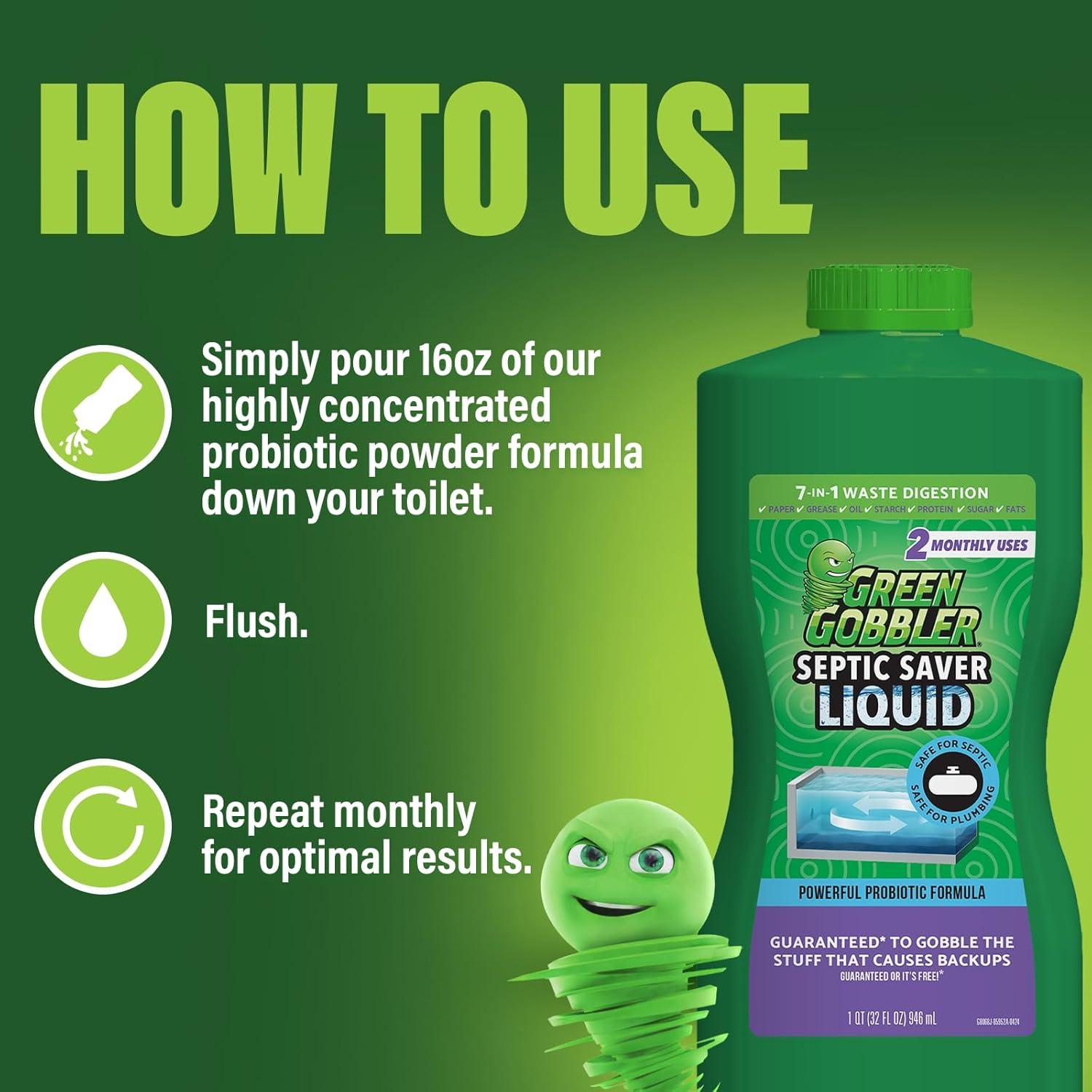 imageGreen Gobbler Septic Tank Treatment Liquid  Natural Enzymatic ampamp Biodegradable Formula  Safe for Septic Systems Pipes ampamp Plumbing  2 Month Supply