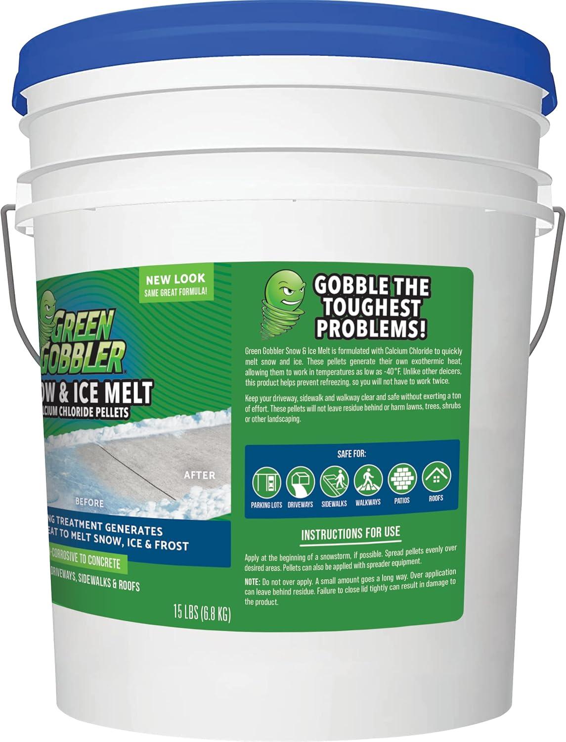 imageGreen Gobbler 93 Pure Calcium Chloride Snow ampamp Ice Melt Pellets  Effective at 40  15 lb Pail  Concrete Safe Ice Melt