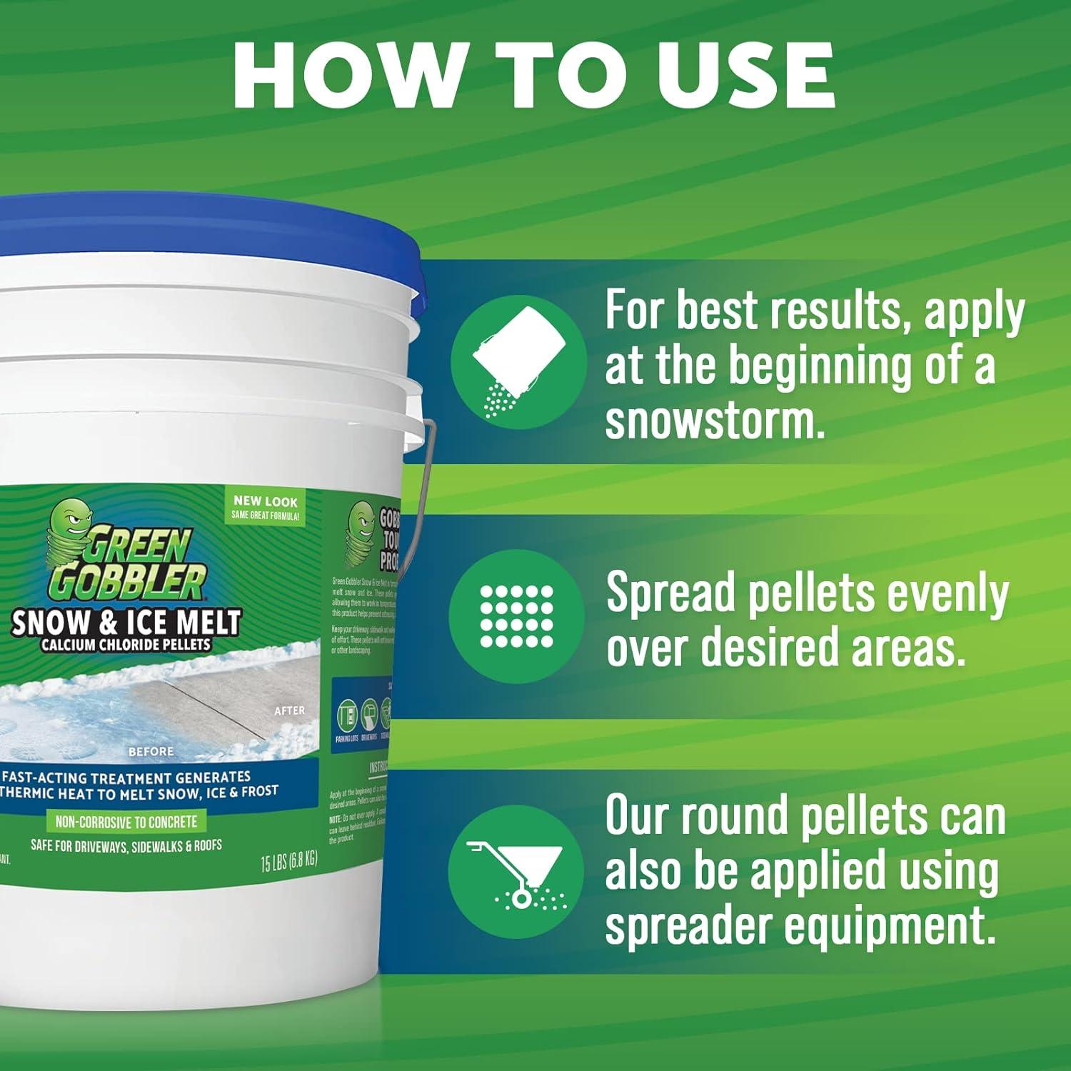 imageGreen Gobbler 93 Pure Calcium Chloride Snow ampamp Ice Melt Pellets  Effective at 40  15 lb Pail  Concrete Safe Ice Melt