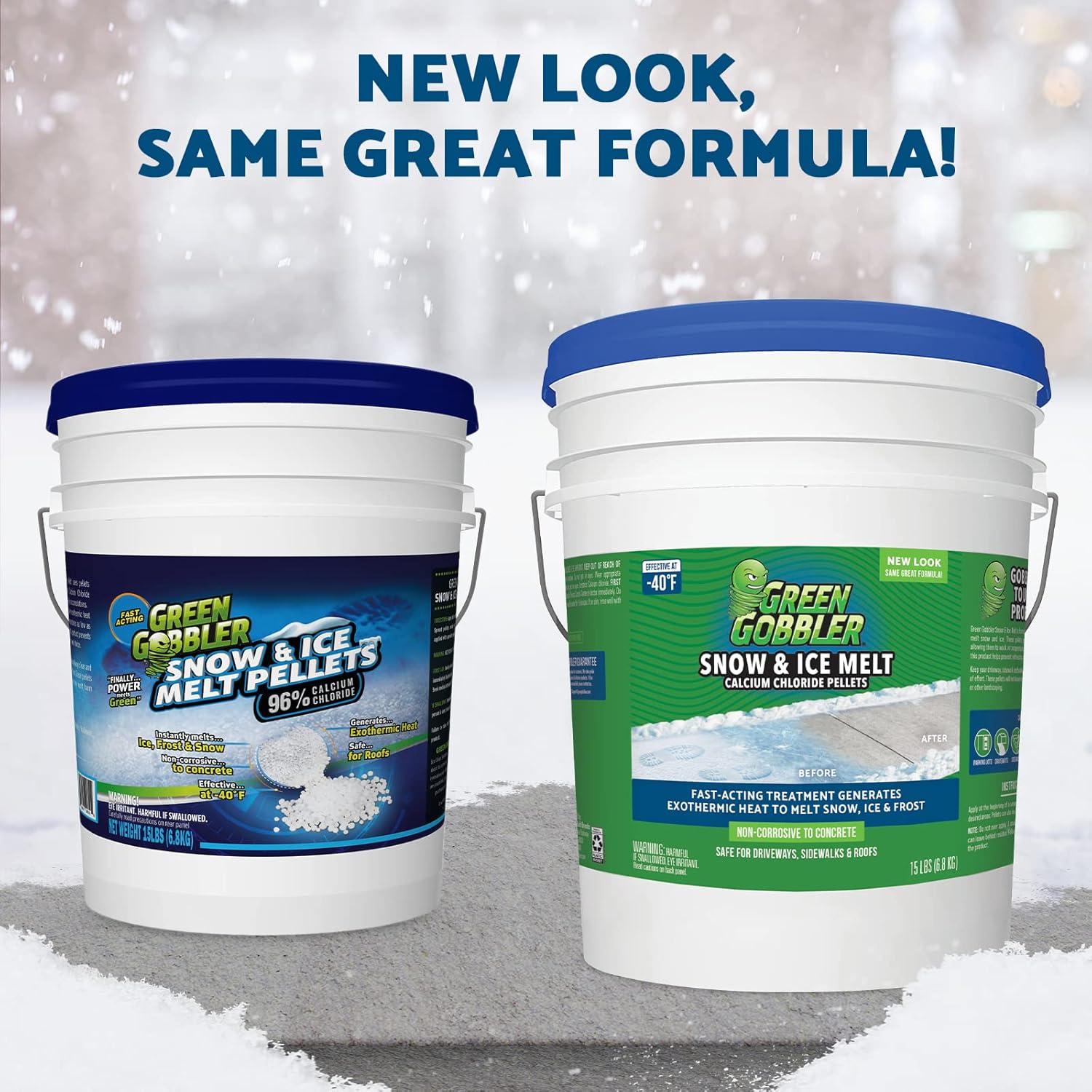 imageGreen Gobbler 93 Pure Calcium Chloride Snow ampamp Ice Melt Pellets  Effective at 40  15 lb Pail  Concrete Safe Ice Melt