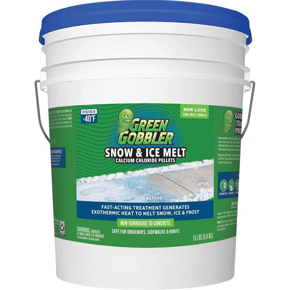 imageGreen Gobbler 93 Pure Calcium Chloride Snow ampamp Ice Melt Pellets  Effective at 40  15 lb Pail  Concrete Safe Ice Melt