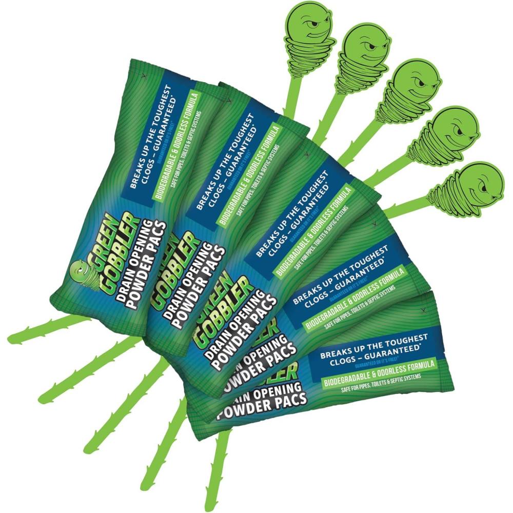 imageGreen Gobbler Drain Clog Remover ampamp Drain Cleaner Powder 5 Pacs ampamp 5 Tools