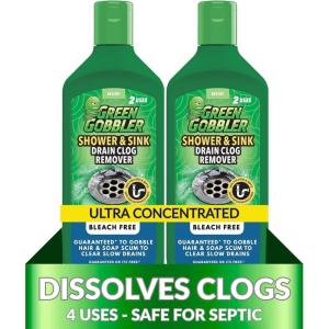 imageGreen Gobbler Ultra Concentrated Drain Clog Remover amp Cleaner  Powerful Hair Grease amp Soap Dissolver for Bathroom Kitchen Shower Sink amp Toilet  Safe for Pipes amp Septic Systems2 Pack